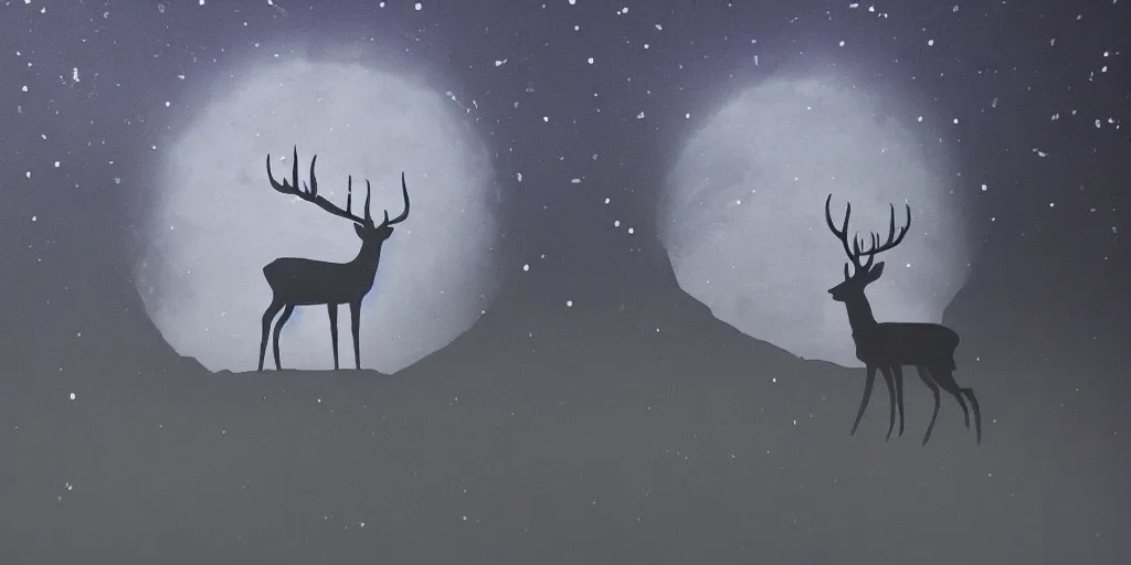 Image similar to a dark and enchanting moonscape with transparent deer