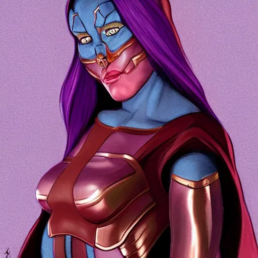 Image similar to thanos as a feminine beautiful muscular woman dressed as a battle nun, red lips, attractive, highly detailed full body portrait, pretty face, elegant, breathtaking art, concept art, by artgerm and ilya kuvshinov