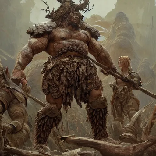 Image similar to muscular ogre - like fierce warrior with tree - bark skin wearing intricate stone and wood armor, towering above a group of soldiers, battlefield, highly detailed, digital painting, artstation, concept art, smooth, sharp focus, illustration, art by artgerm and greg rutkowski and alphonse mucha