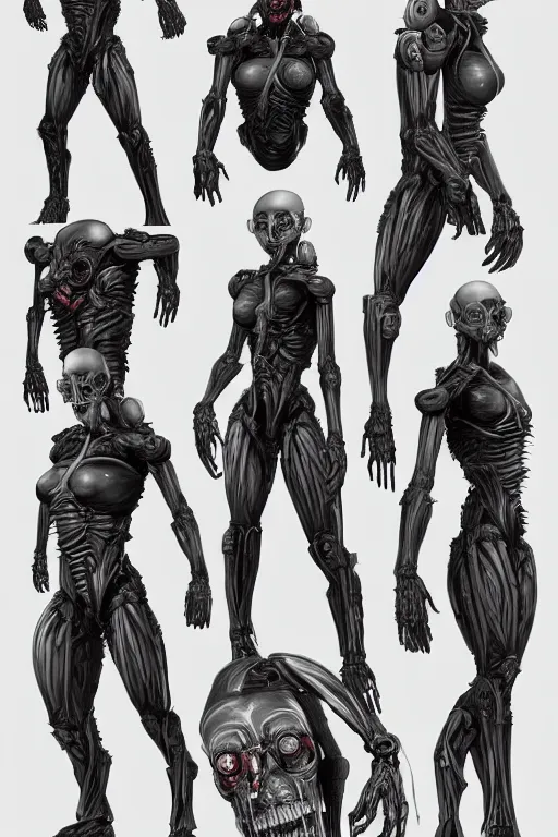 Prompt: very symmetrical!! cyborg space primate with gunmetal grey skin, medical muscle anatomy, cyberpunk face, highly detailed, japanese, mecha asthetic, mechanical implants, three - view reference sheet ( front / back / side ), in the style of dan ouellette, dren from splice, hr giger, sil from species, artstation, unreal engine