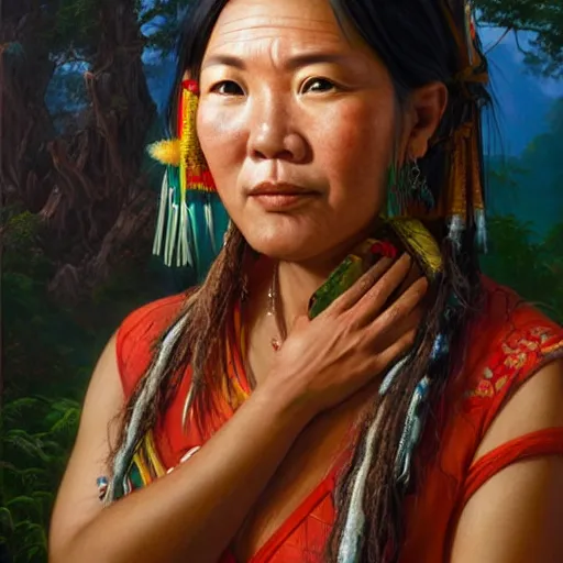 Image similar to portrait of an aboriginal taiwanese amis pangcah woman ( 3 5 ) from taiwan in 2 0 2 1, an oil painting by ross tran and thomas kincade