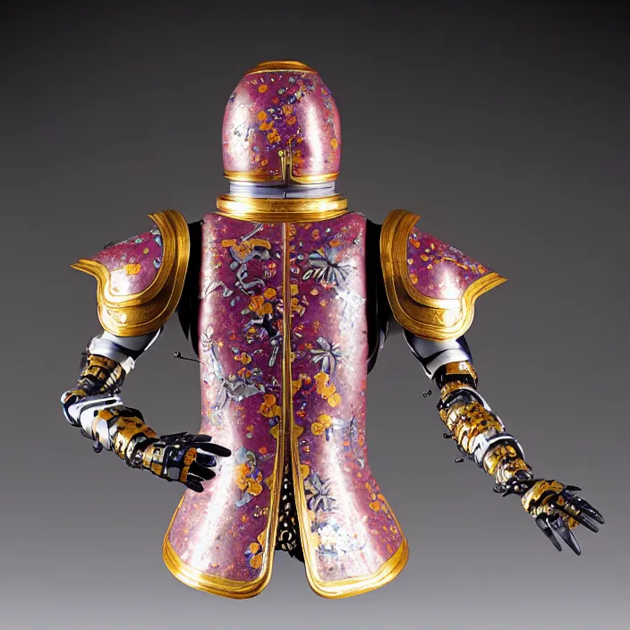 Prompt: ceramic cyborg, Kakiemon design armor with plums and stylized flowers in glaze and gilding Edo period 1670–1690, diffuse lighting, fantasy, intricate, elegant, highly detailed, lifelike, photorealistic, digital painting, artstation, illustration, concept art, smooth, sharp focus, art by John Collier and Albert Aublet and Krenz Cushart and Artem Demura and Alphonse Mucha