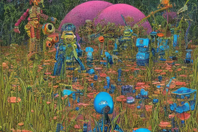 Image similar to super - detailed scene twilight junkyard, louisiana swamps, indigo blooming flowers garden, 8 k, 8 0 s japanese sci - fi books art, artwork by jean giraud