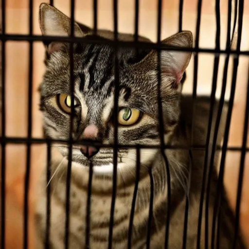 Prompt: cat in prison, sad face