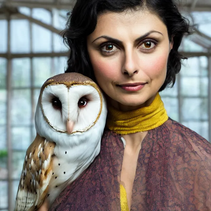 Image similar to portrait photograph of an extremely beautiful!!!! Morena Baccarin , symmetric face!, symmetric round detailed eyes!!, slight smile, natural light, wearing a yellow kimono!! with a very detailed barn owl! on her shoulder in a tropical greenhouse. looking at the camera!!. super resolution. Extremely detailed. Graflex camera!, bokeh!!!!!. art by alphonse mucha