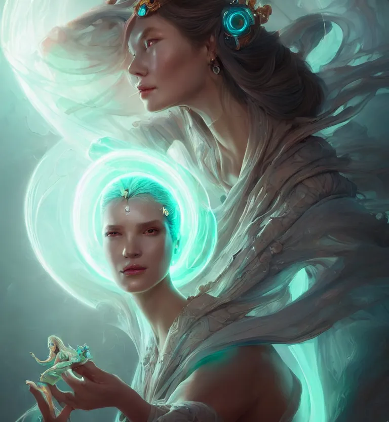 Image similar to portrait of a beautiful princess in robe. bio luminescent biomechanical halo around head. artwork by jarold Sng by artgerm, by Eddie Mendoza, by Peter mohrbacher by tooth wu, unreal engine, octane render, cinematic light, high details, iridescent colors, dichroic, macro