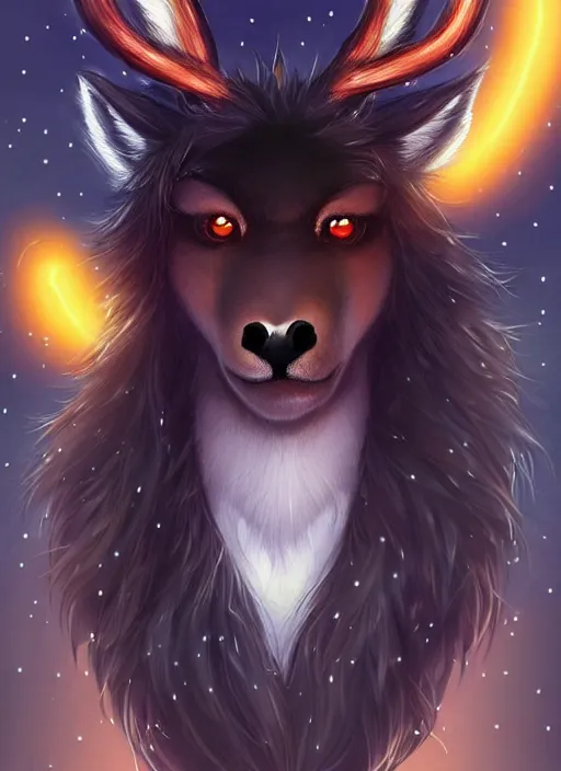 Image similar to award winning beautiful portrait commission of a male furry anthro Black Reindeer fursona with a tail, wings and a cute beautiful attractive detailed furry face wearing stylish black and orange galaxy clothes in a outerspace city at night while it rains. Character design by charlie bowater, ross tran, artgerm, and makoto shinkai, detailed, inked, western comic book art