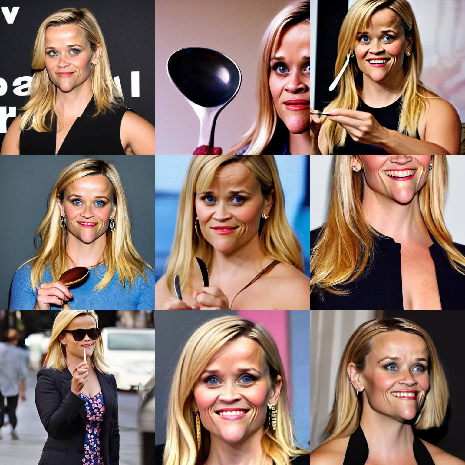 Prompt: reese witherspoon holding a spoon, reese witherspoon face, hyper realistic, medium shot