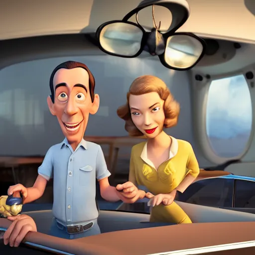 Prompt: humphrey bogart and lauren bacall, pixar style disney style. Octane render, studio lighting.