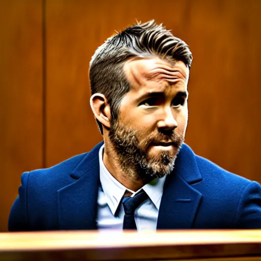 Image similar to ryan reynolds on trial in a court room, highly detailed, extremely high quality, hd, 4 k, 8 k, professional photographer, 4 0 mp, lifelike, top - rated, award winning, realistic, detailed lighting, detailed shadows, sharp, no blur, edited, corrected, trending