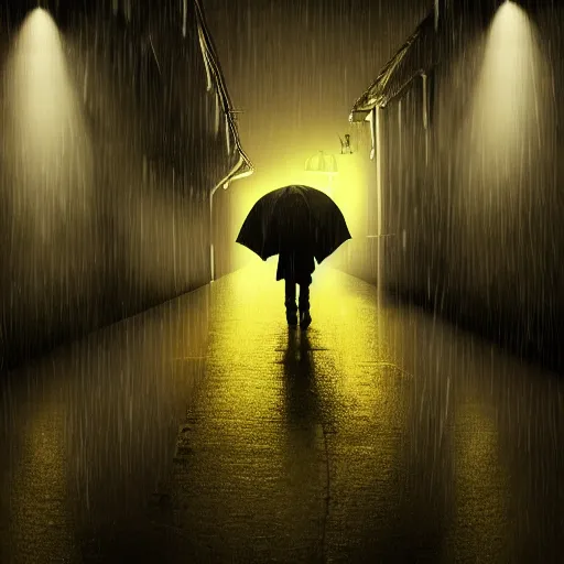 Image similar to A small child a yellow rain coat obscuring his face walking alone in a dark alley,it is raining heavily, scary atmosphere,gloomy lighting, digital art , highly detailed , high contrast, beautiful lighting, award winning , trending on art station, 8k, photo realistic