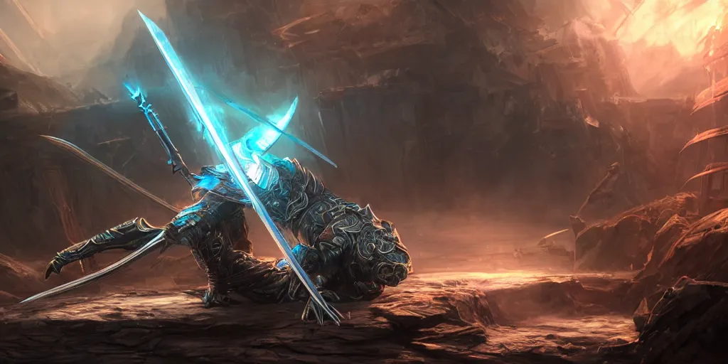 Prompt: legendary cybernetic full long sharp sword lying flat on a glowing table with a black and iridescent sword blade, digital award winning hd matte painting, intimate dark moody, intricate, ornate spikes, colorful gems on hilt, detailed realistic raytraced blade, future golden technological pommel, in the style of greg rutkowski and krenz cushart, deviantart