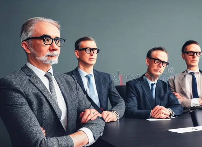 Image similar to photo of well dressed cats in spectacles at a management board meeting. Highly detailed 8k. Intricate. Sony a7r iv 55mm. Stock photo.