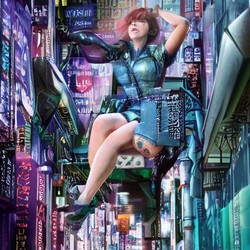 Image similar to scarlett johansson as motoko kuzanagi, photography, portrait, neon lamp, insanely detailed and intricate, hypermaximalist, elegant, ornate, hyper realistic, super detailed, medium shot, annie leibowitz