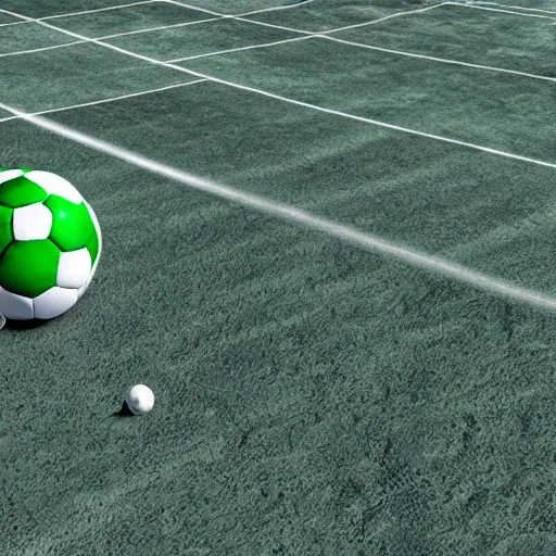 Prompt: 3 d render of a green soccer pitch on the moon, extreme long shot, unreal engine, realistic