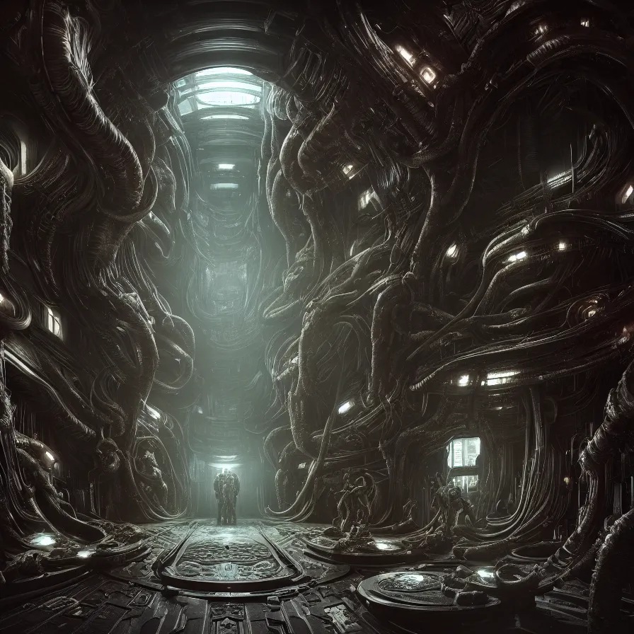 Image similar to Prometheus biological sci-fi corridor set in a nightmarish universe of odd forms and somber tapestry, humans exploring, HR Giger, featured in artstation, octane render, cinematic, elegant, intricate, 8k