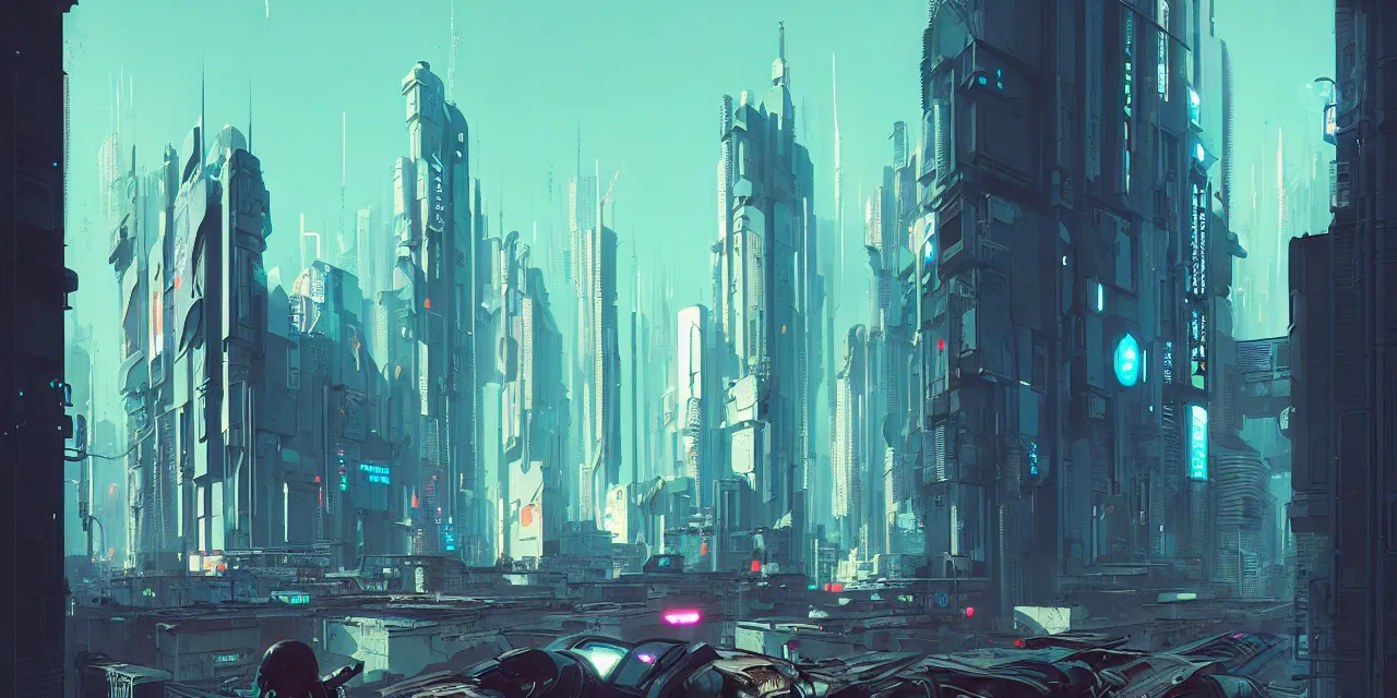 Image similar to cyberpunk synth, hyper - realistic detailed cyberpunk cityscape, by atey ghailan, by greg rutkowski, by greg tocchini, by james gilleard, by joe fenton, by kaethe butcher, dynamic lighting, gradient light blue, brown, blonde cream and white color scheme, grunge aesthetic