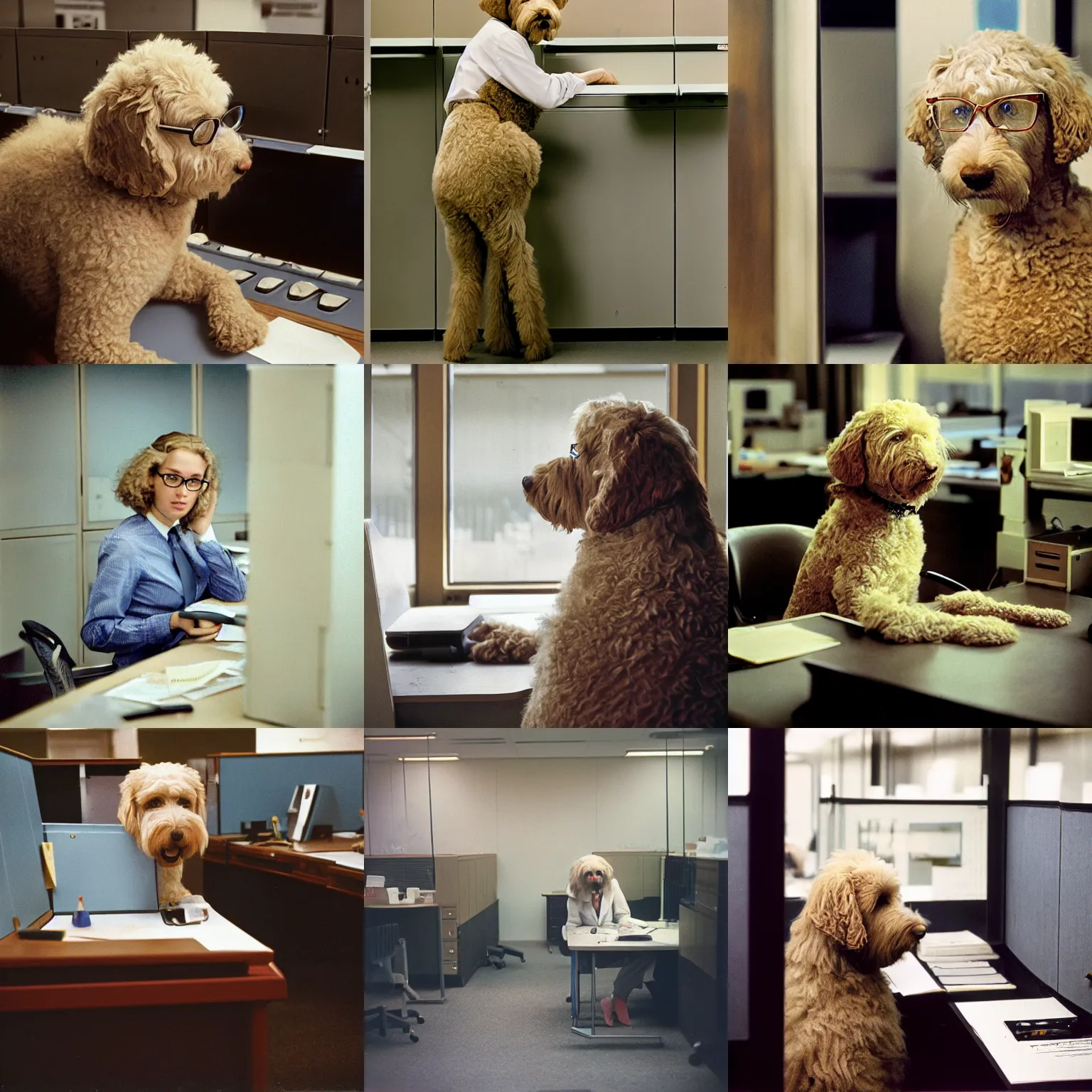 Prompt: dreary cinestill of a blonde labradoodle working in a cubicle and wearing glasses, photograph by annie leibovitz