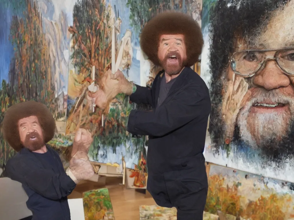 Image similar to bob ross is sad and sngry and yelling at a huge painting by bob ross