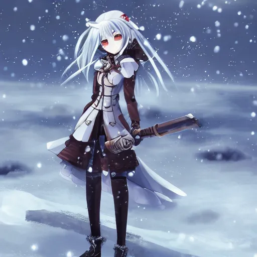 Prompt: anime girl with steampunk weapons and armor walking in a snowy tundra, snow, foggy, extremely detailed, particles, lush, moonlight, stars,