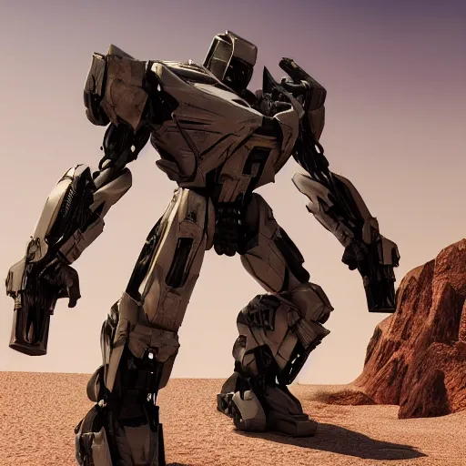 Image similar to megatron from transformers in the desert, 8 k, octane render, high details