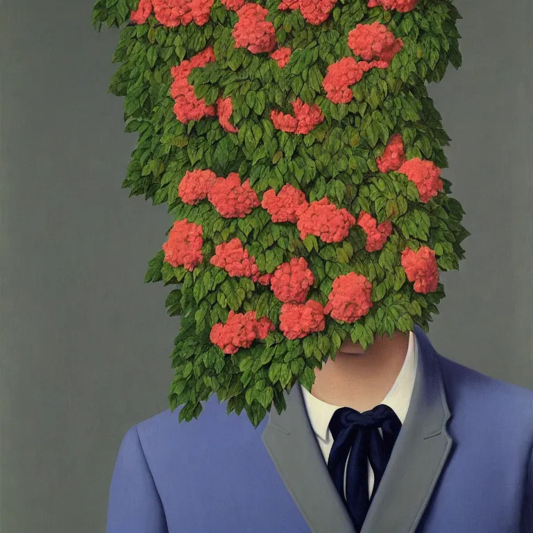 Image similar to portrait of a man, face hidden by beautiful flowers, by rene magritte, detailed painting, hd, hq, high resolution, high detail, 4 k, 8 k