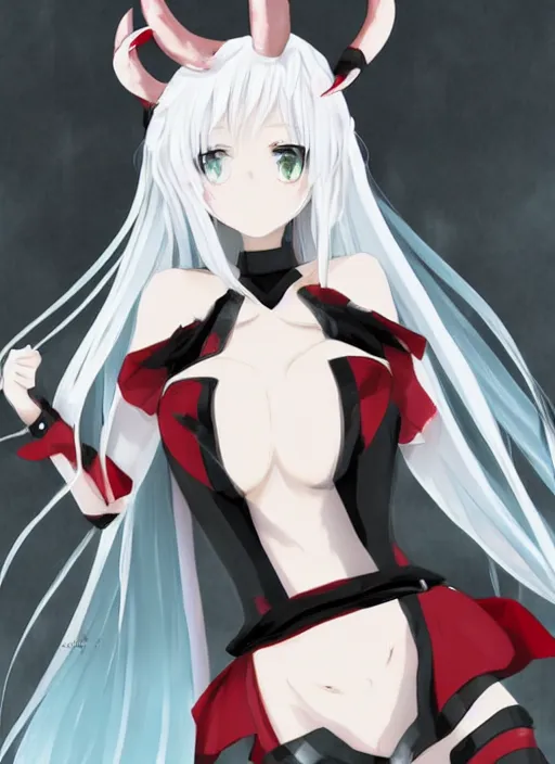 Image similar to white haired anime girl with horns, red eyes, cute