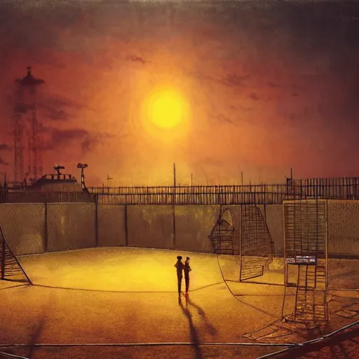 Prompt: burning sky over an empty playground, artwork by John Atkinson Grimshaw, highly detailed, cinematic masterpiece, digital art, 8k resolution, trending on art station