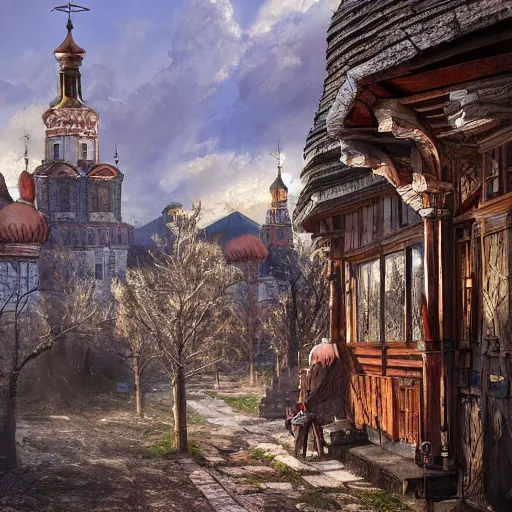 Image similar to photo ancient Slavic Russian city of Kitezh, concept art, painting by Viktor Vasnetsov, magical city, fantasy cityscape, ancient Slavs, wooden buildings, ancient Russian architecture, terem, hyperborea, top cinematic lighting , very detailed, 8k, high resolution