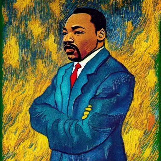 Image similar to an artistic portrait of martin luther king, high quality, studio photography, colorful, hero, heroic, beautiful, in the style of vincent van gogh