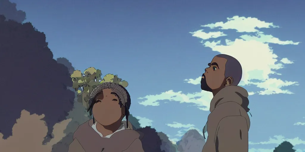 Image similar to kanye west in a studio ghibli movie, movie still frame, anime art style, studio ghibli, 4 k, 8 k