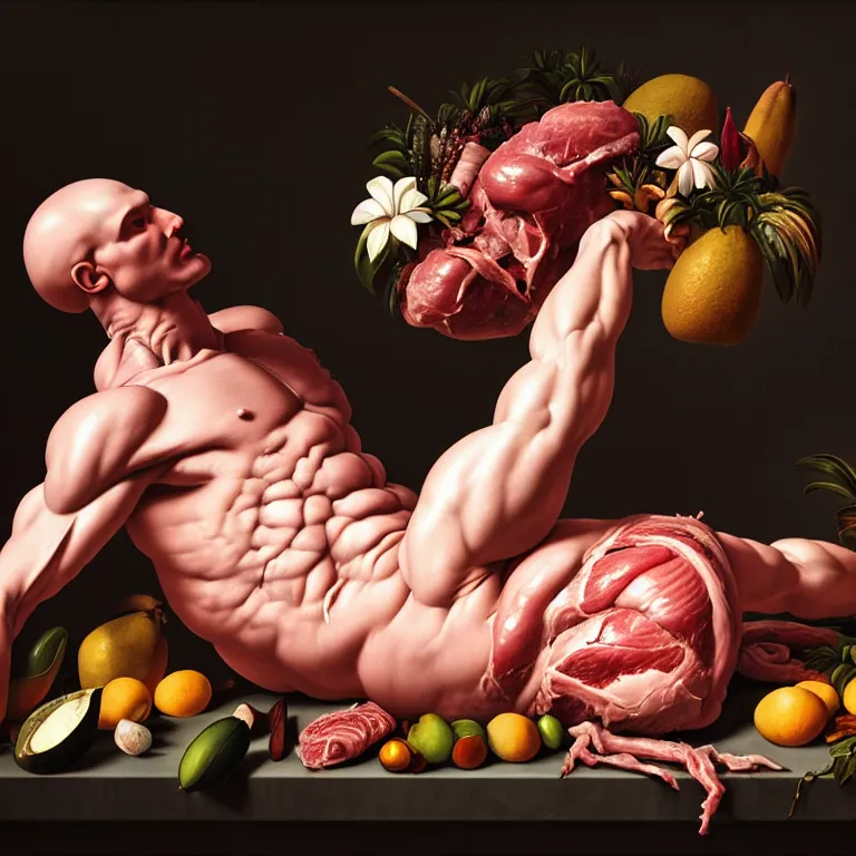 Image similar to still life of beautiful perfect muscled white man white body, surrounded by pastel tropical flowers, tropical fruit, human spine, rotten meat flesh with colorful mold, muscle tissue, spikes, baroque painting, beautiful detailed intricate insanely detailed octane render, 8K artistic photography, photorealistic, chiaroscuro, Raphael, Caravaggio