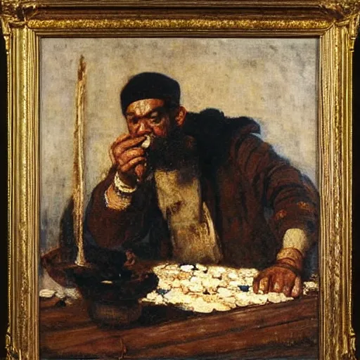 Image similar to Ferdinand Magellan eating cement, oil on canvas, by Juan Luna