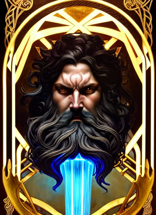 Image similar to furious god zeus, wavy black hair, bushy beard, glowing eyes, volumetric lights, cyan and gold scheme, art nouveau botanicals, gothic, intricate, highly detailed, digital painting, artstation, concept art, smooth, sharp focus, symmetric face, illustration, steampunk, art by artgerm and greg rutkowski and alphonse mucha