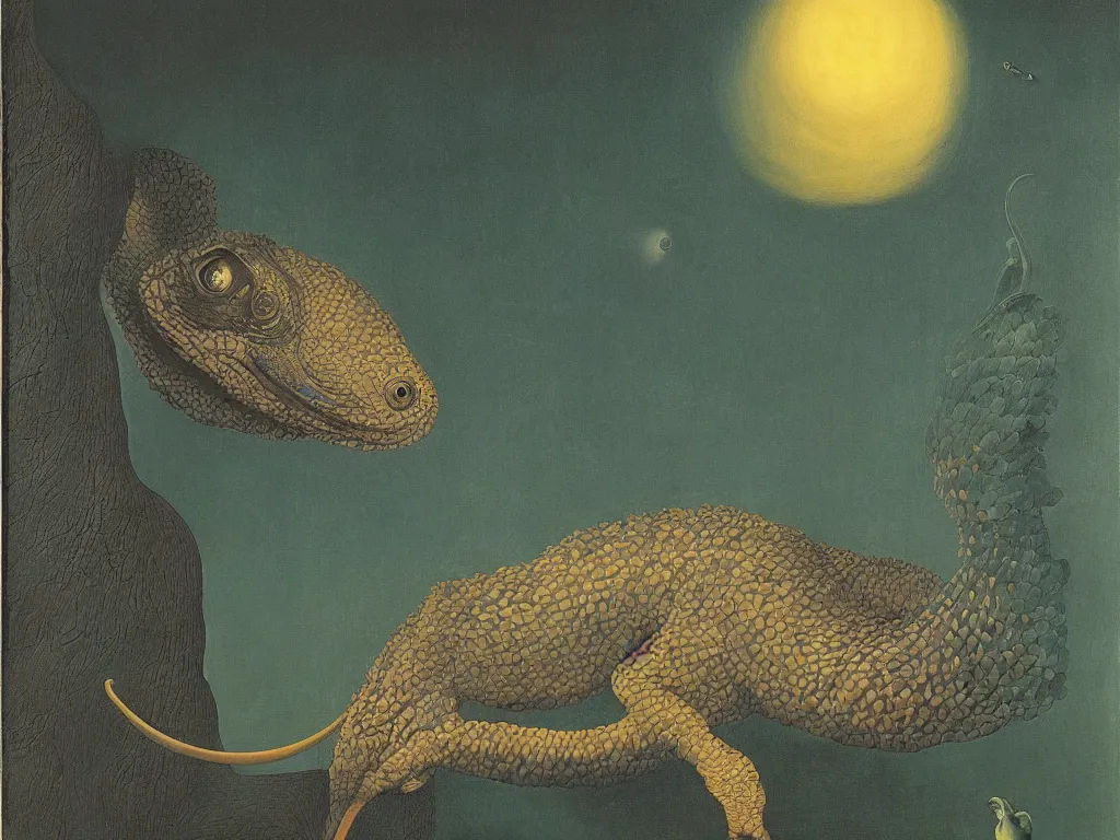 Prompt: beautiful exotic melancholy reptile at night. Painting by Jan van Eyck, Audubon, Rene Magritte, Agnes Pelton, Max Ernst, Walton Ford