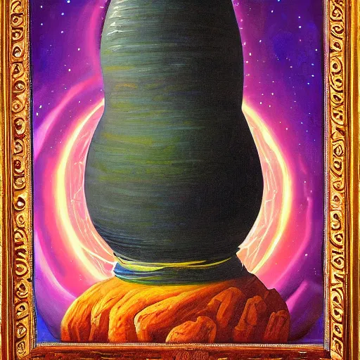 Image similar to Epic wide angle portrait of Shiva emerging from a lingam shaped rocket ship, oil painting