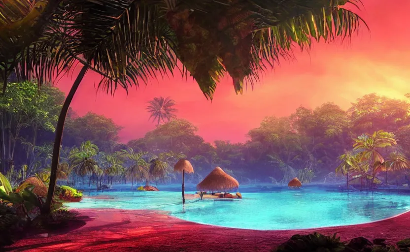 Image similar to a tropical resort in a jungle paradise, with a beautiful red and blue sunset, dynamic lighting, photorealistic fantasy concept art, trending on art station, stunning visuals, creative, cinematic, ultra detailed, ray tracing, sun rays