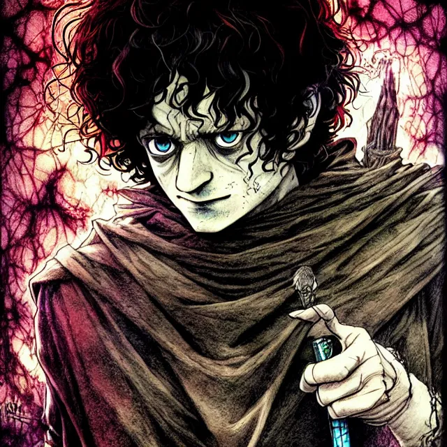 Prompt: expressive an dreadfull, [ animecore ], detailed, black ink & copic markers, vibrant muted colors, disturbing grunge still of a [ solomonic demon infested ] [ frodo baggins ], by arthur adams, by tom bagshaw