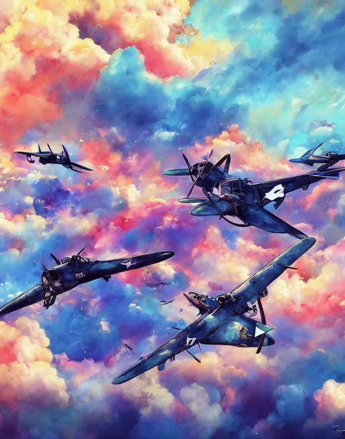 Prompt: Concept art of two World War I planes fighting each other, blue sky with beautiful clouds and explosions, boixcar style, matte painting, vaporwave vaporwave vaporwave watercolor cover art with warm and vibrant colors, volumetric light, oil on canvas art by Rossdraws, award-winning masterpiece with incredible and beautiful details digital art, trending on artstation, smooth, 4K