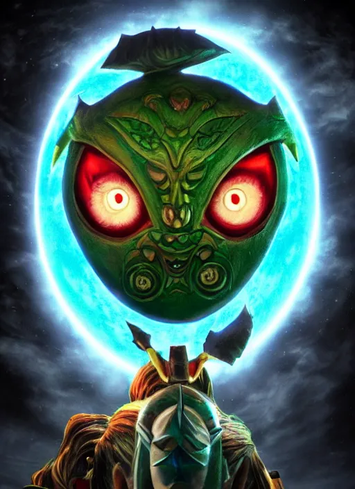 Prompt: majora\'s mask evil moon looking at the viewer maniacally, legend of zelda, dramatic lighting, cinematic, film, dynamic pose, movie scene, colorful, dark art, concept art, 8K, actor as role, octane render, visionary art, artstation,neon lighting, intense shadows