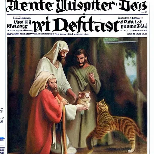 Image similar to Front page newspaper article about Jesus petting a cat