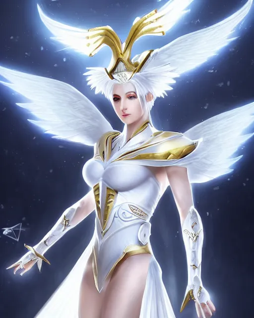 Image similar to perfect white haired egyptian goddess wearing white dove wings, warframe armor, regal, attractive, ornate, sultry, beautiful, ice queen, half asian, pretty face, blue eyes, detailed, scifi platform, 4 k, ultra realistic, epic lighting, android body, illuminated, cinematic, masterpiece, art by akihito tsukushi, voidstar