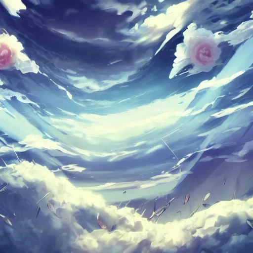 Image similar to background art of spaciously scattered longswords flowing and floating through the blowing swirling directional wind from left to right on a simple cloudy sky background, big puffy clouds, large individual rose petals, angular background elements, polygonal fragments, anime, artgerm, manga, trending on artstation, art nouveau, mature color scheme