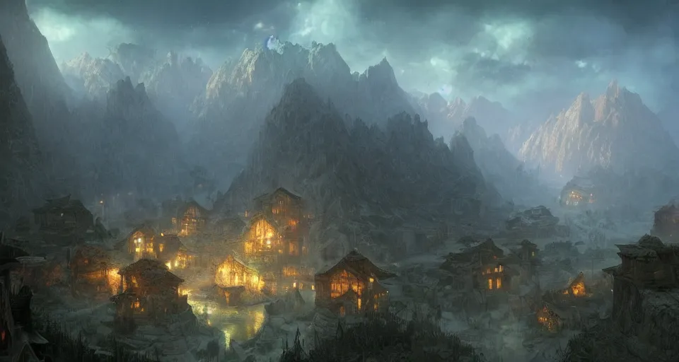 Image similar to book illustration of epic landscape valley with small wooden village. Atmospheric beautiful by Eddie mendoza and Craig Mullins. volumetric lights volumetric lights
