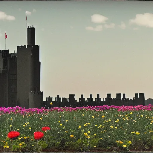 Prompt: A very intrincated and ominous tall black castle stands in the middle of an plain covered with colorful flowers