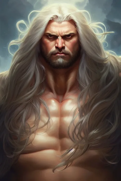 Prompt: big muscular man with long white hair, fantasy, amber eyes, face, long hair, intricate, elegant, highly detailed, digital painting, artstation, concept art, smooth, sharp focus, illustration, art by artgerm and greg rutkowski and alphonse mucha