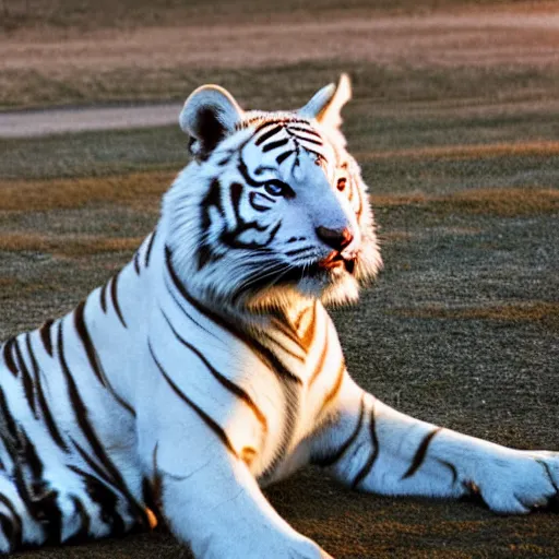 Image similar to a low angle photo of a white tiger fox hybrid, at the golden hour, sunset, sunrise, warm lighting, strongshadows, photo by slim aarons, award winning, 4 k, from below, worms - eye - view, low angle