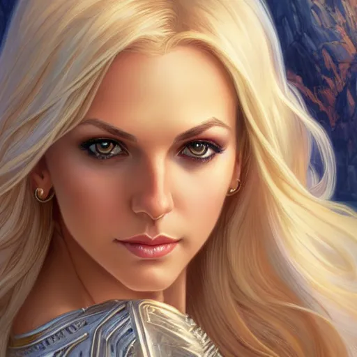 Image similar to Blonde Victoria Justice with hazel eyes as Emma Frost, western, D&D, fantasy, intricate, elegant, highly detailed, digital painting, artstation, concept art, matte, sharp focus, illustration, art by Artgerm and Greg Rutkowski and Alphonse Mucha