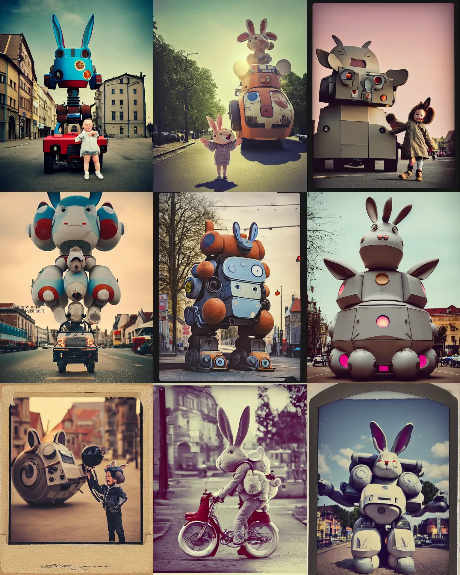 Prompt: legnica!! epic pose!!! googly eyed giant oversized battle rabbit robot chubby mech baby sport vehicle double decker with giant oversized ears and cute rabbit babies , in legnica , full body , Cinematic focus, Polaroid photo, vintage , neutral dull colors, soft lights, sunset backlight , by oleg oprisco , by national archives, by discovery channel, by victor enrich , by gregory crewdson