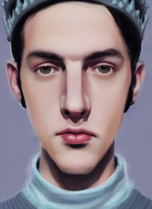 Image similar to portrait of teenage jughead jones wearing a light grey crown, crown, blue turtleneck, 1 9 5 0 s, closed eyes, photorealistic, black hair, glowing lighting, intricate, elegant, glowing lights, highly detailed, digital painting, artstation, concept art, smooth, sharp focus, illustration, art by wlop, mars ravelo and greg rutkowski